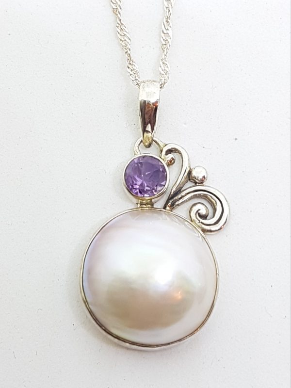 Sterling Silver Mabe Pearl &amp; Amethyst Filigree Pendant on Silver Chain