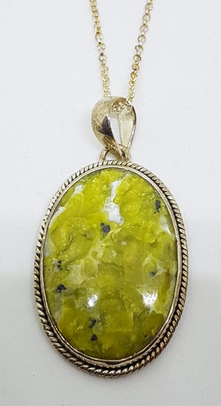Sterling Silver Large Lizardite Oval Pendant on Silver Chain