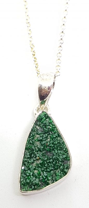 Sterling Silver Triangular Uvarovite Pendant on Silver Chain