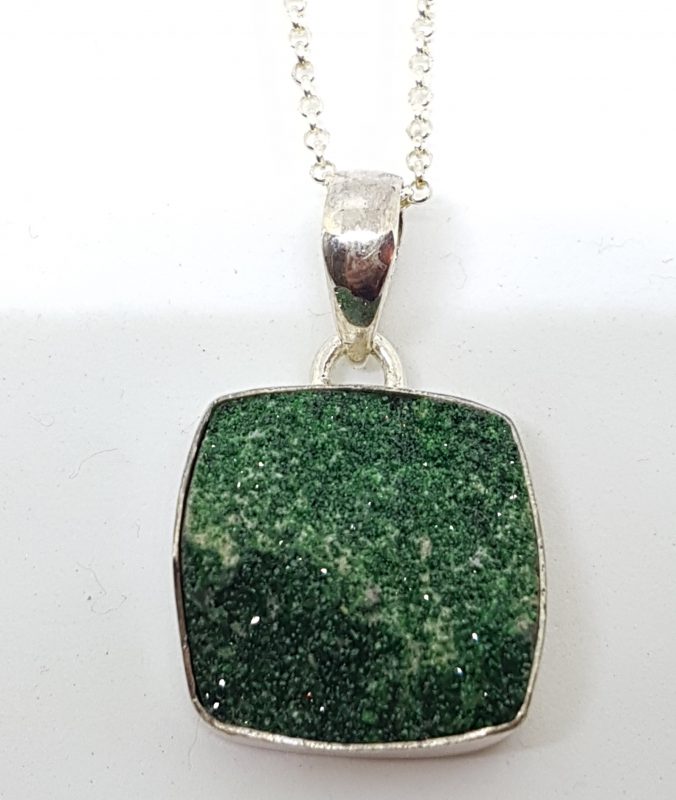 Sterling Silver Square Uvarovite Pendant on Silver Chain