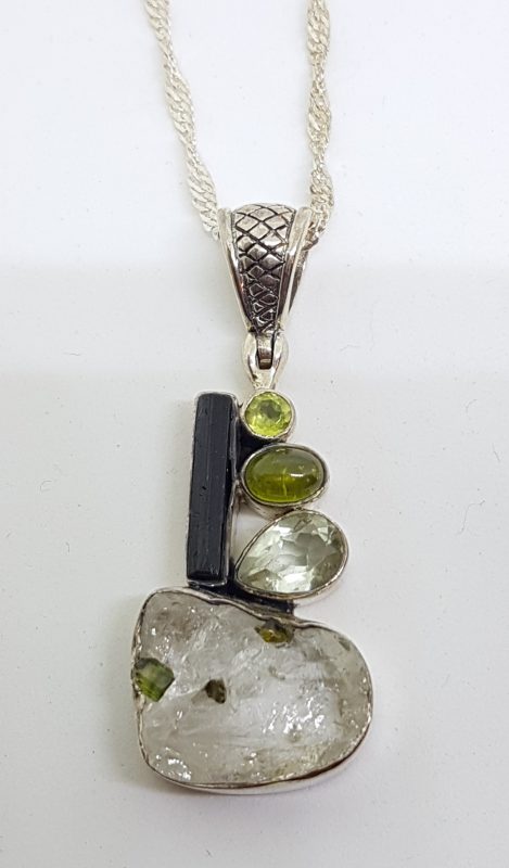 Sterling Silver Tourmaline, Peridot and Green Amethyst/Prasiolite Cluster Pendant on Silver Chain