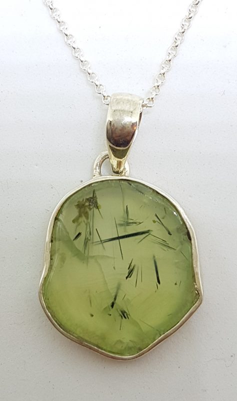 Sterling Silver Prehnite Slice Pendant on Sterling Silver Chain