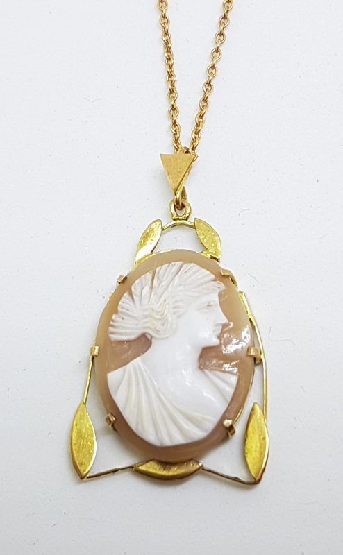 9ct Yellow Gold Lady Head Ornate Leaf Design Cameo Pendant on Gold Chain