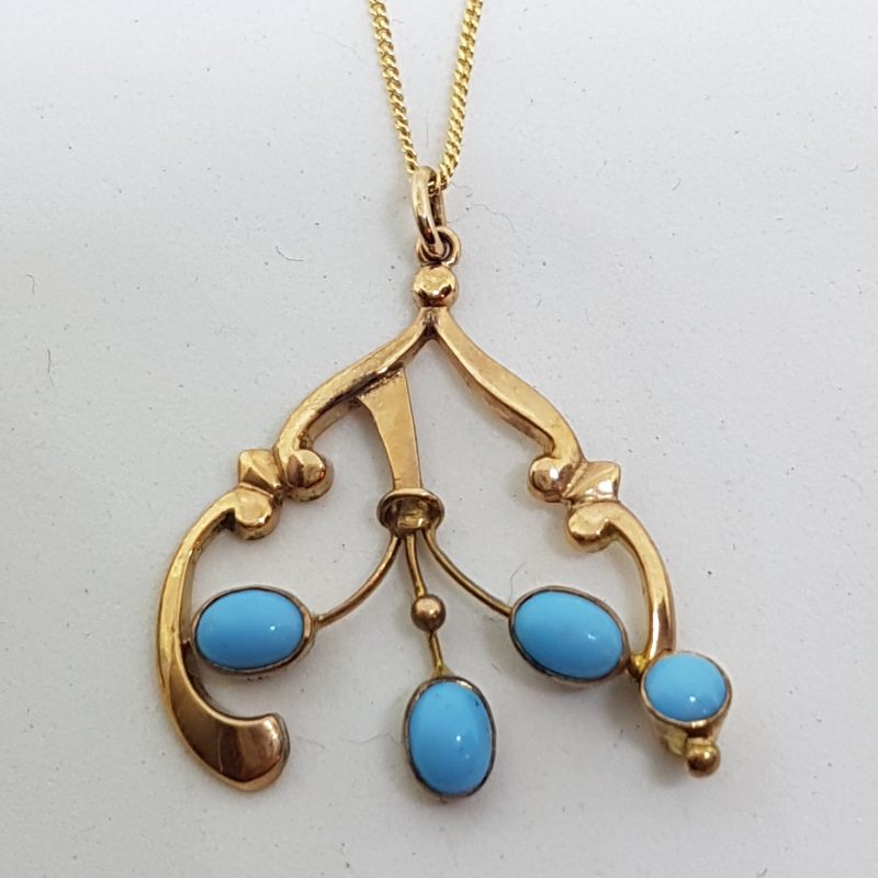 9ct Rose Gold Ornate Turquoise Pendant on Gold Chain