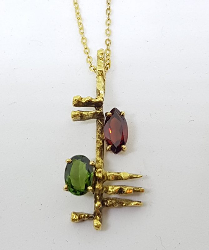 18ct Yellow Gold Green Tourmaline and Garnet Pendant on Gold Chain