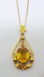 9ct Yellow Gold Yellow Paste Ornate Flower Design Pendant on Gold Chain