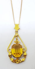 9ct Yellow Gold Yellow Paste Ornate Flower Design Pendant on Gold Chain