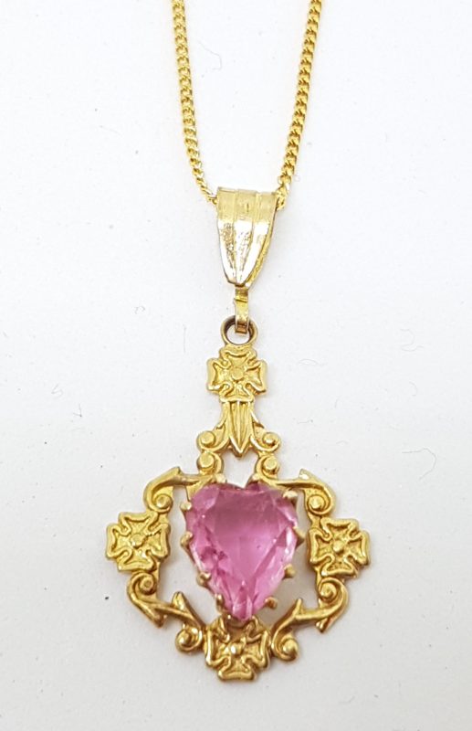 9ct Yellow Gold Pink Paste Ornate Flower Design Heart Pendant on Gold Chain