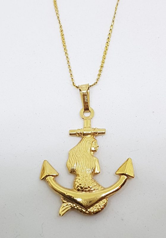 18ct Yellow Gold Large Mermaid and Anchor Pendant on Gold Chain