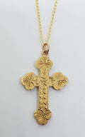 9ct Yellow Gold Antique Ornate Crucifix / Cross Pendant on Gold Chain - Floral Design