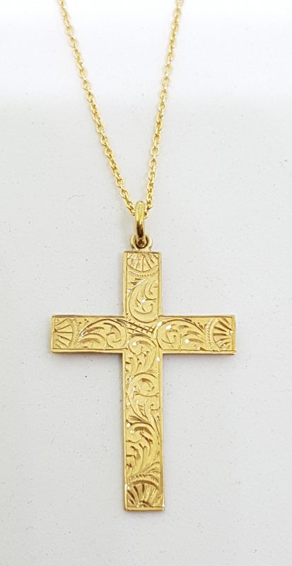 9ct Yellow Gold Antique Ornate Crucifix / Cross Pendant on Gold Chain
