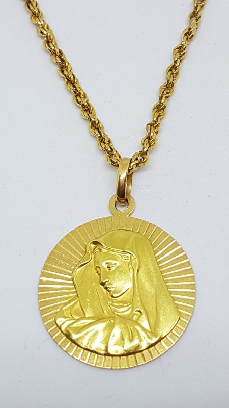 18ct Yellow Gold Large Mother Mary Religious Medallion Pendant on Long Gold Chain