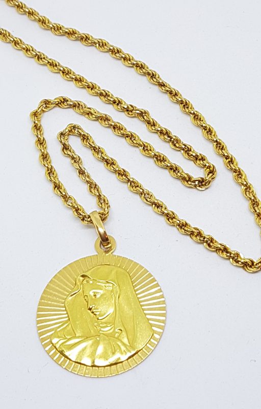 18ct Yellow Gold Large Mother Mary Religious Medallion Pendant on Long Gold Chain