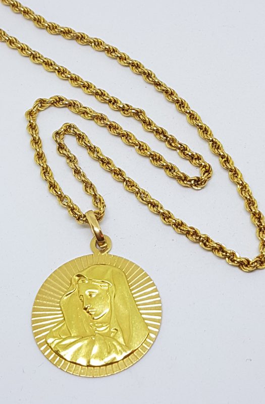 18ct Yellow Gold Large Mother Mary Religious Medallion Pendant on Long Gold Chain