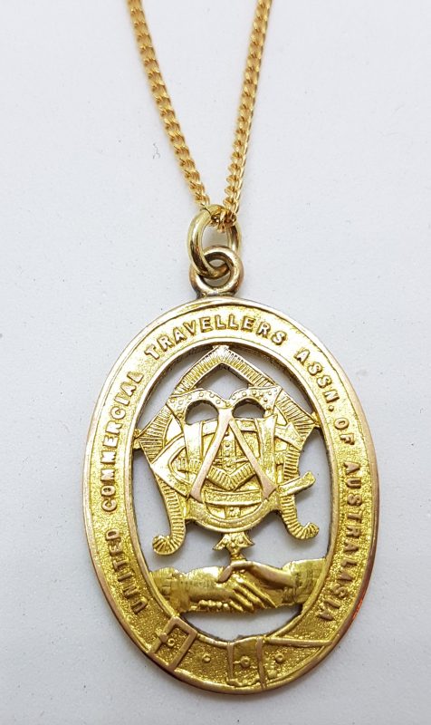 9ct Yellow Gold Ornate Oval Medallion Pendant on Gold Chain - United Commercial Travellers Assn. of Australasia