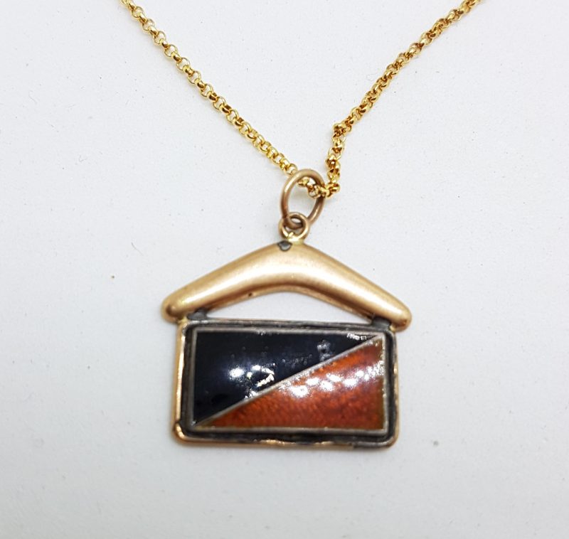 9ct Yellow Gold Black and Red Enamel Flag with Boomerang Pendant on Gold Chain