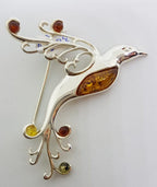 Sterling Silver Natural Multi-Colour Baltic Amber Large Bird Brooch