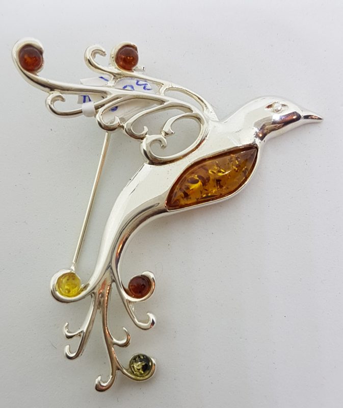 Sterling Silver Natural Multi-Colour Baltic Amber Large Bird Brooch