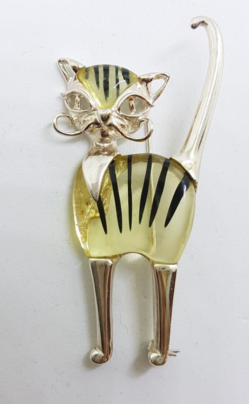 Sterling Silver Large Light Coloured Amber Striped Cat Brooch