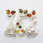 Sterling Silver Multi-Coloured Natural Baltic Amber Three Cats Sitting Brooch