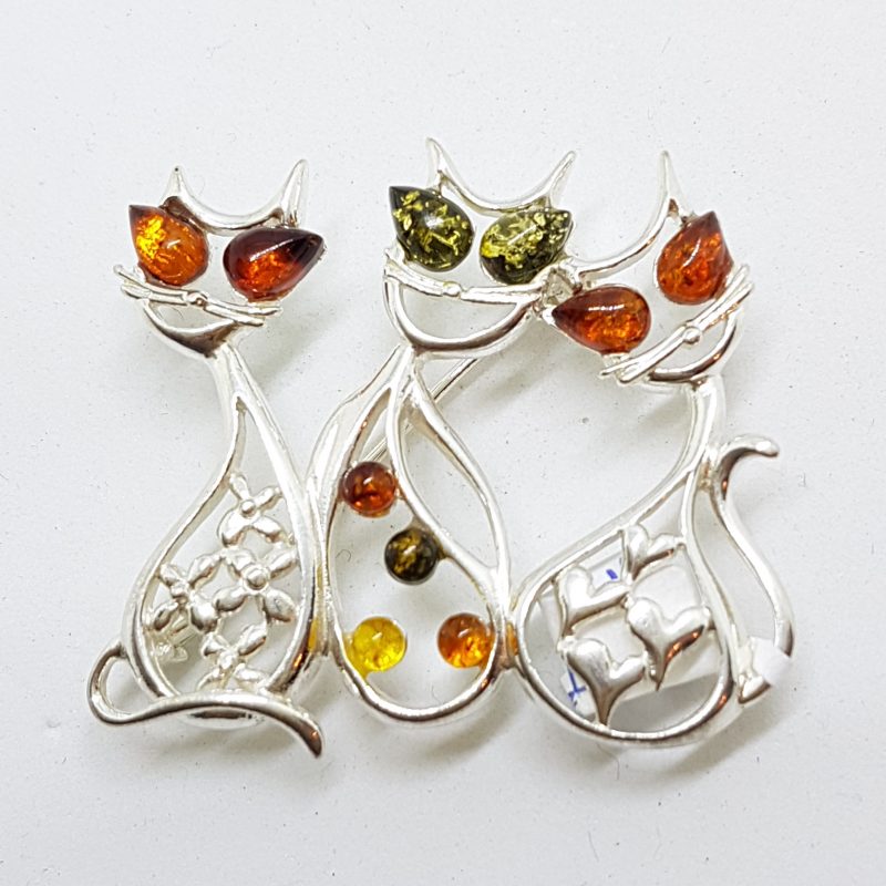 Sterling Silver Multi-Coloured Natural Baltic Amber Three Cats Sitting Brooch