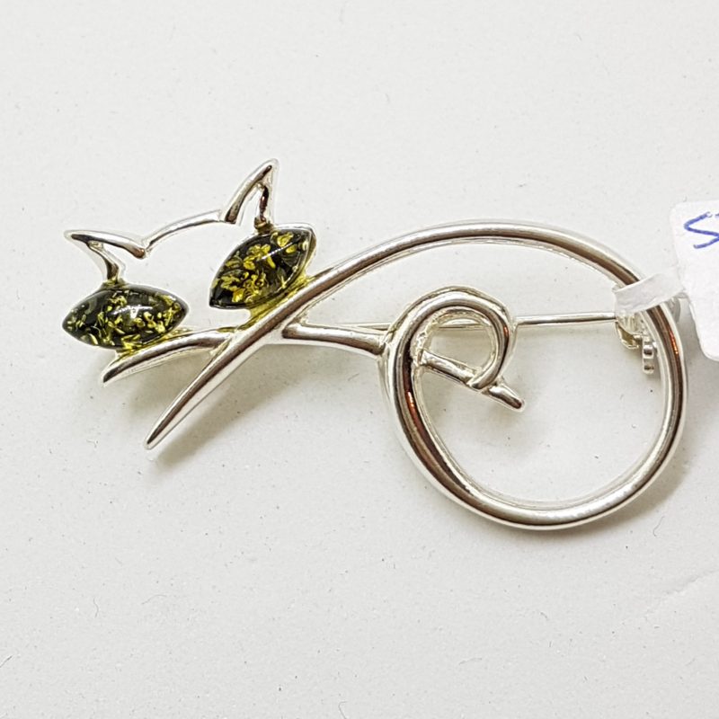 Sterling Silver and Amber Cat Brooch - Brown and Green - Also Available as Pendant