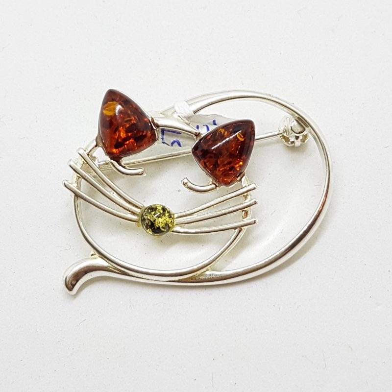 Sterling Silver Amber Sleeping Cat Brooch