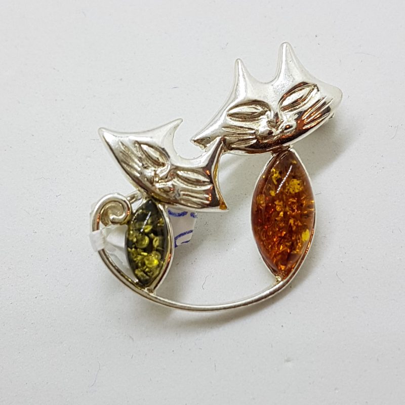 Sterling Silver Multi-Coloured Natural Baltic Amber Two Cats Brooch