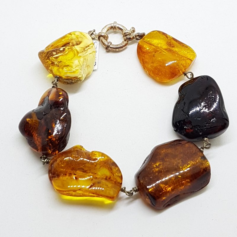 Natural Multi-Coloured Amber Chunky Bracelet with Sterling Silver Bolt Clasp