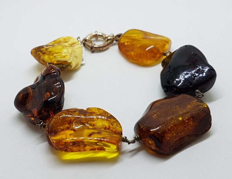 Natural Multi-Coloured Amber Chunky Bracelet with Sterling Silver Bolt Clasp