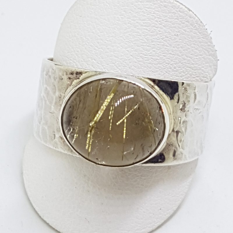 Sterling Silver Oval Rutilated Quartz Wide Beaten Pattern Band Ring - Gents / Ladies