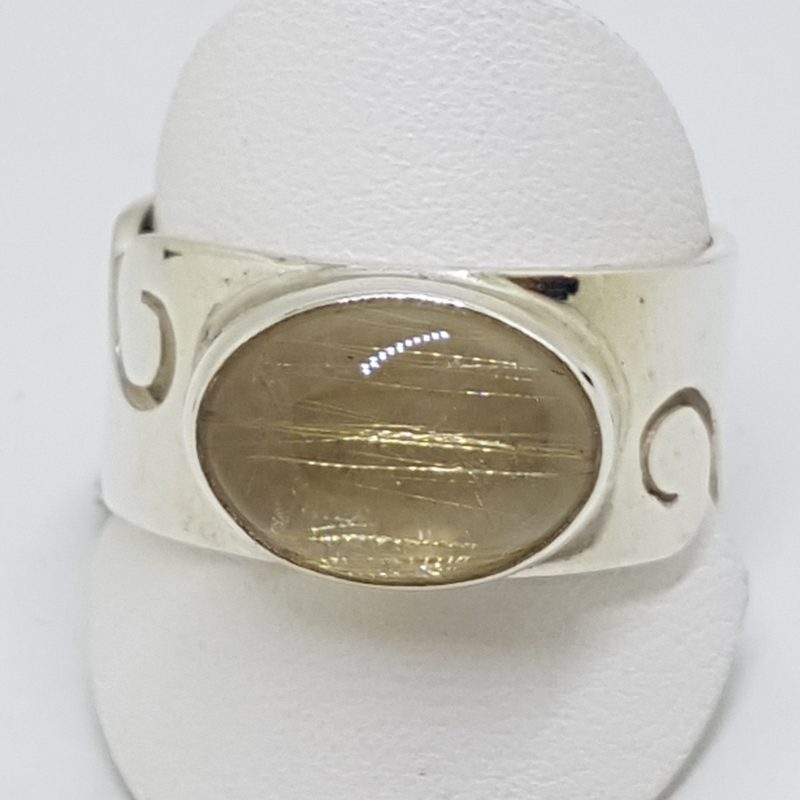 Sterling Silver Oval Rutilated Quartz Wide Wave Pattern Band Ring - Gents / Ladies