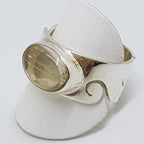 Sterling Silver Oval Rutilated Quartz Wide Wave Pattern Band Ring - Gents / Ladies