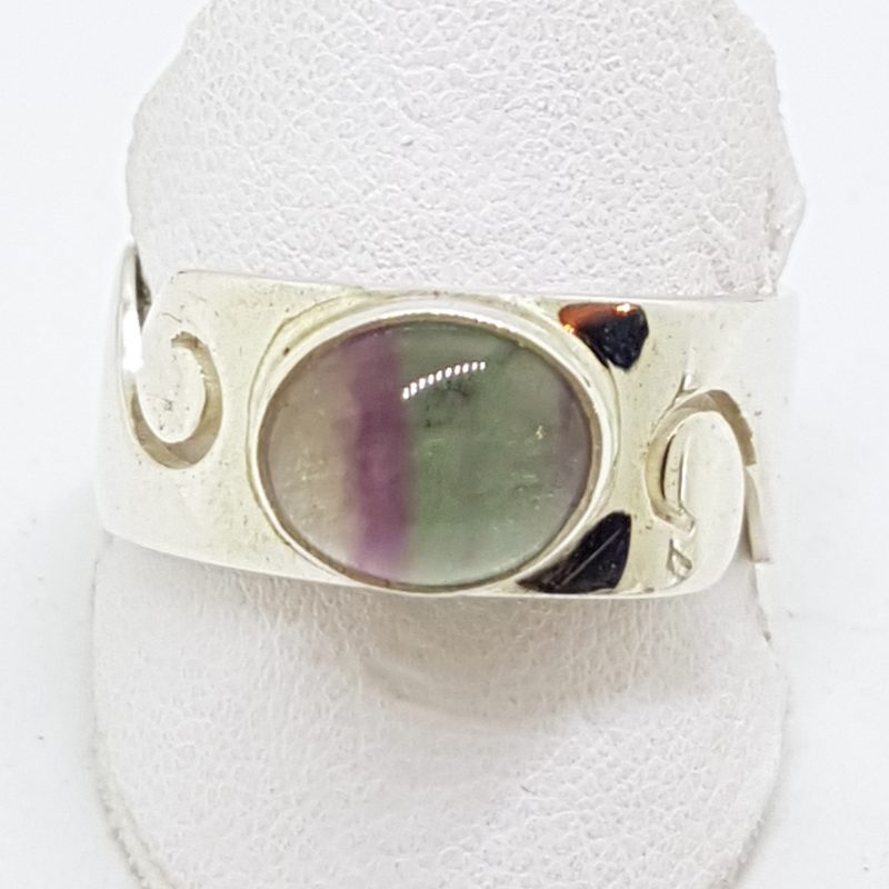 Sterling Silver Oval Fluorite Wide Wave Pattern Band Ring - Ladies / Gents
