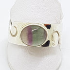 Sterling Silver Oval Fluorite Wide Wave Pattern Band Ring - Ladies / Gents