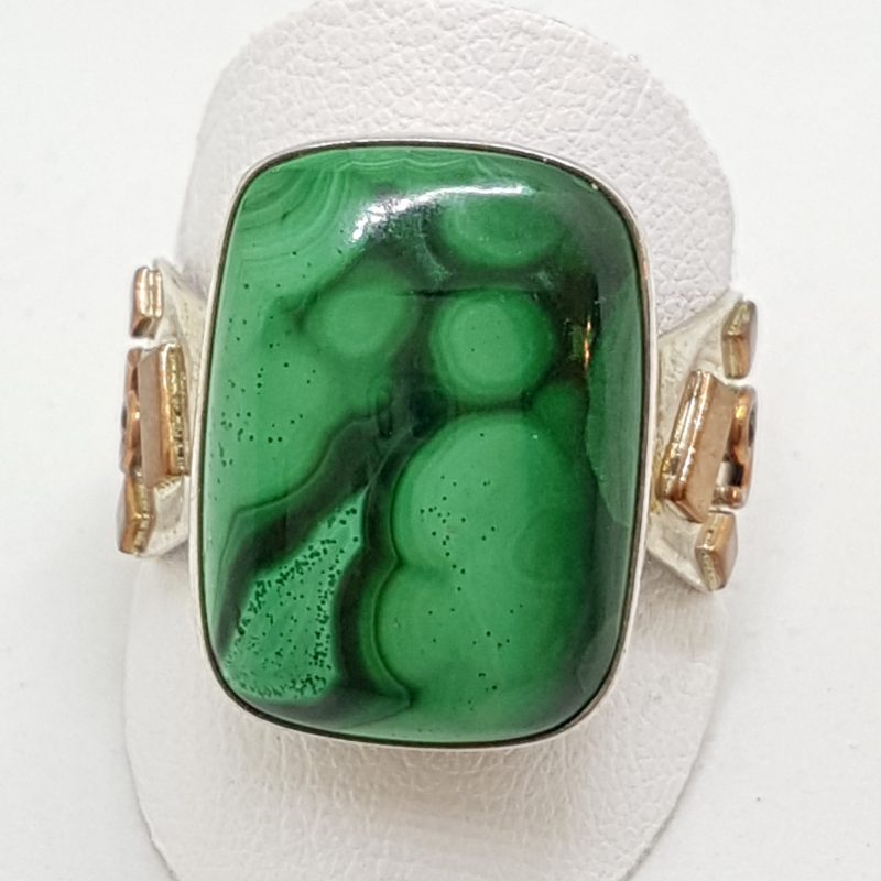 Sterling Silver Large Rectangular Malachite with Copper Sides Ring