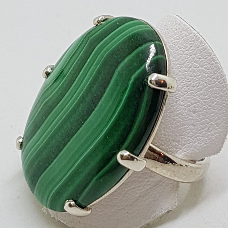 Sterling Silver Large Oval Malachite Claw Set Ring