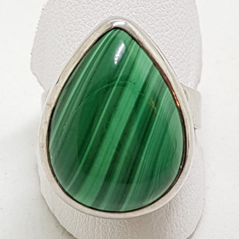 Sterling Silver Large Teardrop Shape Malachite Bezel Set Ring