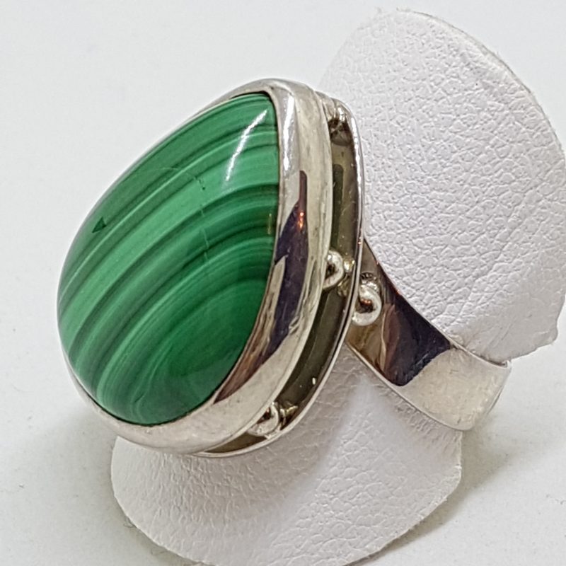 Sterling Silver Large Teardrop Shape Malachite Bezel Set Ring