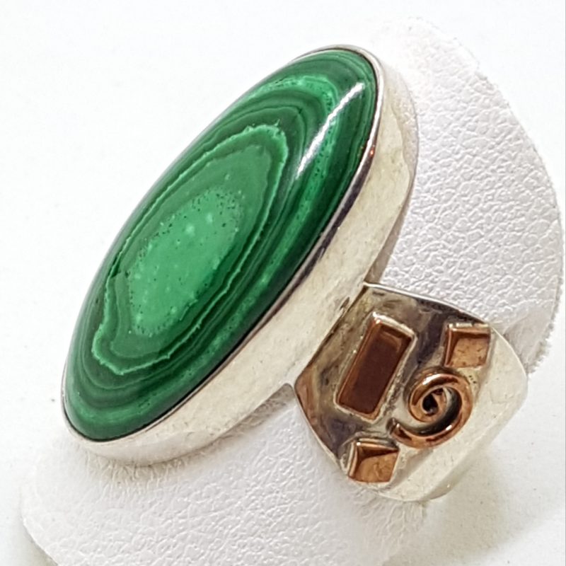 Sterling Silver Large Oval Malachite with Copper Sides Ring