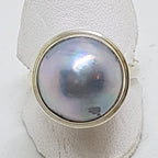 Sterling Silver Blue/Grey Mabe Pearl Ornate Rim Ring