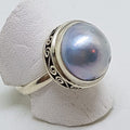 Sterling Silver Blue/Grey Mabe Pearl Ornate Rim Ring