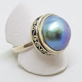 Sterling Silver Blue Mabe Pearl Ring - Patterned Rim