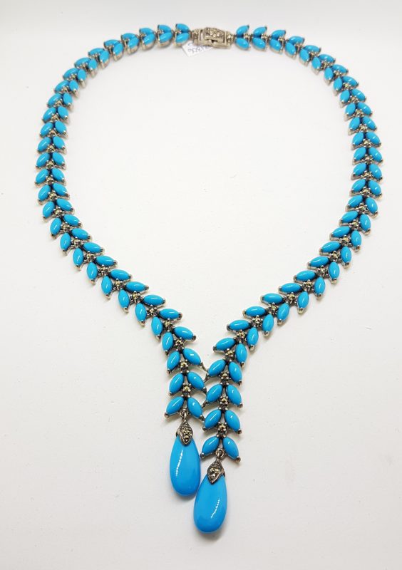 Stunning Sterling Silver Large and Long Reconstituted Turquoise and Marcasite Collier Drop Necklace / Chain