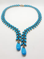 Stunning Sterling Silver Large and Long Reconstituted Turquoise and Marcasite Collier Drop Necklace / Chain