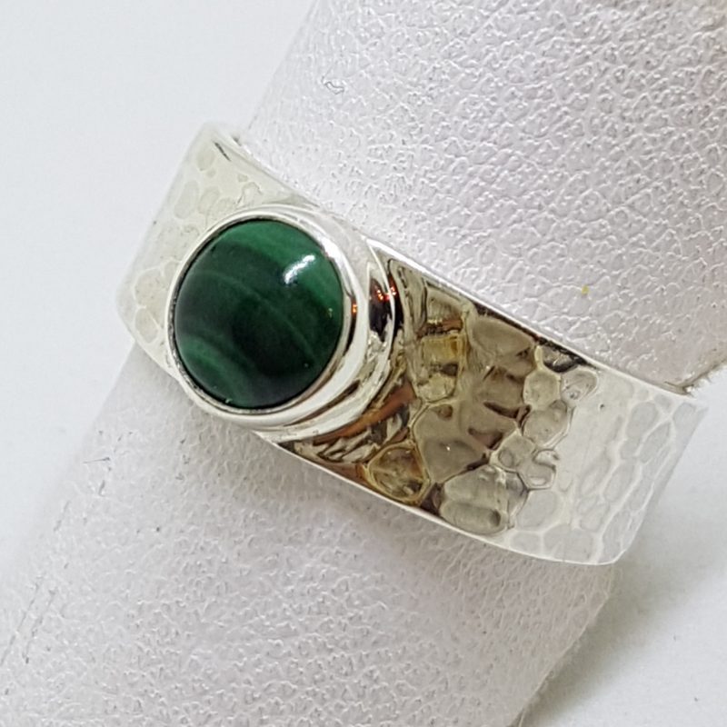Sterling Silver Malachite Beaten Design Wide Band Ring