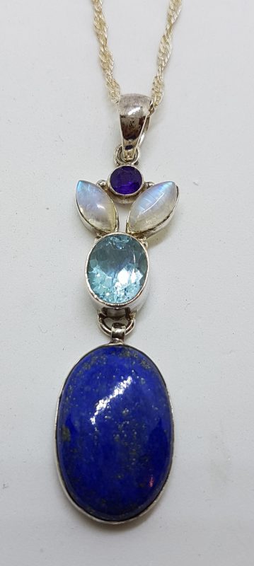Sterling Silver Very Long Lapis Lazuli, Topaz, Moonstone and Amethyst Pendant on Silver Chain