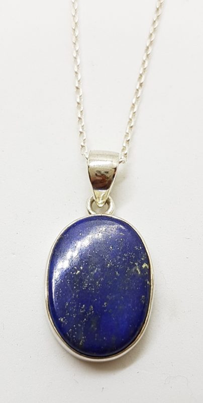 Sterling Silver Flat Oval Lapis Lazuli Pendant on Silver Chain