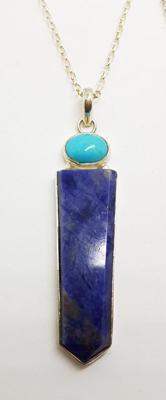 Sterling Silver Very Long Lapis Lazuli &amp; Turquoise Pendant on Silver Chain