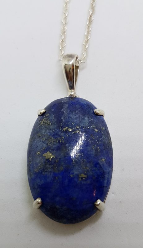 Sterling Silver Large Oval Claw Set Lapis Lazuli Pendant on Silver Chain